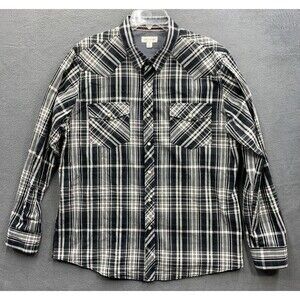 Sun+Stone Men's Button Up Plaid Shirt Pearl Snap Black White Western Cowboy XL